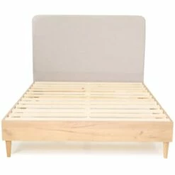 Lit 140x190 Effet Chêne + Sommier + Tête De Lit En Tissu Gris Clair