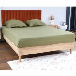 Lit 140x190 Effet Chêne + Sommier + Tête De Lit En Velours Rouille -Doublures De Lit Soldes 2024 lit 140x190 effet chene sommier tete de lit en velours rouille 2