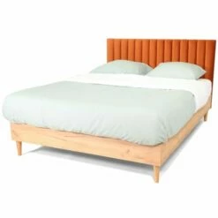 Lit 140x190 Effet Chêne + Sommier + Tête De Lit En Velours Rouille -Doublures De Lit Soldes 2024 lit 140x190 effet chene sommier tete de lit en velours rouille 4