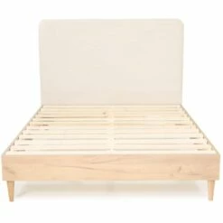 Lit 140x190 + Sommier + Tête De Lit En Velours Côtelé Beige