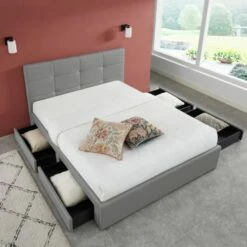 Lit à Tiroirs Simili Gris 160x200 Sommier Inclus -Doublures De Lit Soldes 2024 lit a tiroirs simili gris 160x200 sommier inclus 3