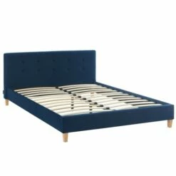 Lit Adulte 140x190 Avec Tête De Lit Capitonnée En Velours Bleu Foncé