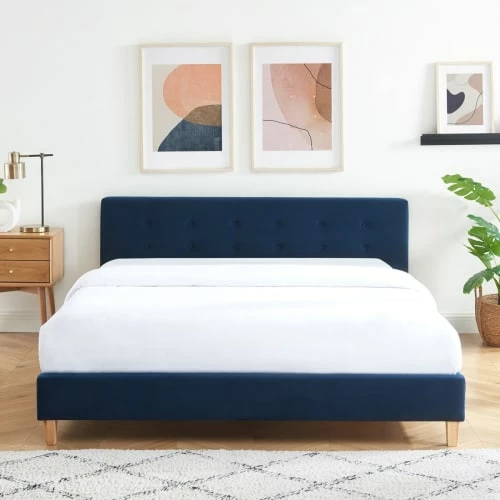 Lit Adulte 160x200 Avec Tête De Lit En Velours Bleu Foncé Et Sommier 2 Lit Adulte 160x200 Avec Tête De Lit En Velours Bleu Foncé Et Sommier – Image 2