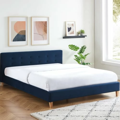 Lit Adulte 160x200 Avec Tête De Lit En Velours Bleu Foncé Et Sommier 3 Lit Adulte 160x200 Avec Tête De Lit En Velours Bleu Foncé Et Sommier – Image 3