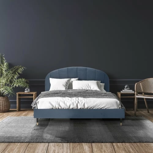 Lit Avec Sommier 2 Places En Velours Bleu Gris 160x200 2 Lit Avec Sommier 2 Places En Velours Bleu Gris 160x200 – Image 2