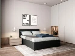 Lit Avec Sommier Relevable à Lattes En Simili Noir, 140 X 190 Cm -Doublures De Lit Soldes 2024 lit avec sommier relevable a lattes en simili noir 140 x 190 cm 1