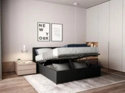 Lit Avec Sommier Relevable à Lattes En Simili Noir, 140 X 190 Cm -Doublures De Lit Soldes 2024 lit avec sommier relevable a lattes en simili noir 140 x 190 cm 2