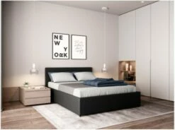 Lit Avec Sommier Relevable à Lattes En Simili Noir, 140 X 190 Cm -Doublures De Lit Soldes 2024 lit avec sommier relevable a lattes en simili noir 140 x 190 cm 4