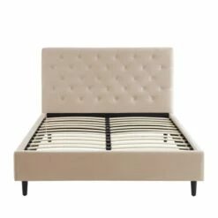 Lit Capitonné En Velours 140x190 Cm Beige