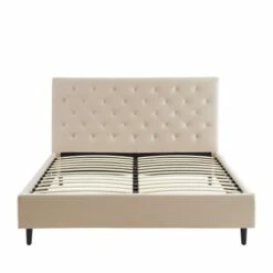Lit Capitonné En Velours 160x200cm Beige