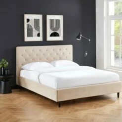 Lit Capitonné En Velours 160x200cm Beige -Doublures De Lit Soldes 2024 lit capitonne en velours 160x200cm beige 3