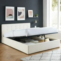 Lit Coffre 140x190 En Tissu Bouclé écru + Tête De Lit + Sommier -Doublures De Lit Soldes 2024 lit coffre 140x190 en tissu boucle ecru tete de lit sommier 1