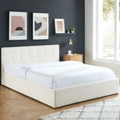 Lit Coffre 140x190 En Tissu Bouclé écru + Tête De Lit + Sommier -Doublures De Lit Soldes 2024 lit coffre 140x190 en tissu boucle ecru tete de lit sommier 2