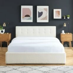 Lit Coffre 140x190 En Tissu Bouclé écru + Tête De Lit + Sommier -Doublures De Lit Soldes 2024 lit coffre 140x190 en tissu boucle ecru tete de lit sommier 3