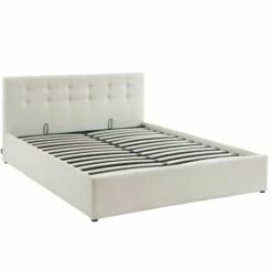 Lit Coffre 140x190 En Tissu Bouclé écru + Tête De Lit + Sommier -Doublures De Lit Soldes 2024 lit coffre 140x190 en tissu boucle ecru tete de lit sommier 5