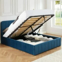 Lit Coffre 140x190cm En Velours Bleu + Tête De Lit + Sommier à Lattes -Doublures De Lit Soldes 2024 lit coffre 140x190cm en velours bleu tete de lit sommier a lattes 1