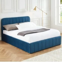 Lit Coffre 140x190cm En Velours Bleu + Tête De Lit + Sommier à Lattes -Doublures De Lit Soldes 2024 lit coffre 140x190cm en velours bleu tete de lit sommier a lattes 5