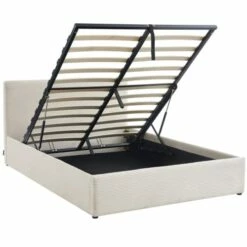 Lit Coffre 160x200 En Velours Côtelé Beige Avec Tête De Lit Et Sommier