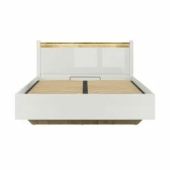 Lit Coffre 160x200 Sommier Inclus Avec Led Blanc Laqué Et Naturel -Doublures De Lit Soldes 2024 lit coffre 160x200 sommier inclus avec led blanc laque et naturel 2