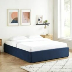 Lit Coffre 160x200cm En Velours Bleu Foncé + Sommier à Lattes -Doublures De Lit Soldes 2024 lit coffre 160x200cm en velours bleu fonce sommier a lattes 2