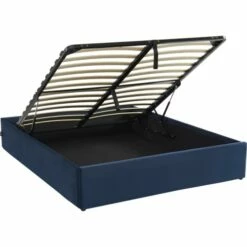 Lit Coffre 160x200cm En Velours Bleu Foncé + Sommier à Lattes