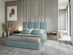 Lit Coffre Avec Tête De Lit 140x200 Cm En Tissu Structuré Bleu Clair -Doublures De Lit Soldes 2024 lit coffre avec tete de lit 140x200 cm en tissu structure bleu clair 2