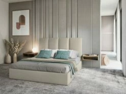 Lit Coffre Avec Tête De Lit 160x200 Cm En Tissu Structuré Beige -Doublures De Lit Soldes 2024 lit coffre avec tete de lit 160x200 cm en tissu structure beige 2