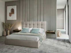 Lit Coffre Avec Tête De Lit 180x200 Cm En Tissu Structuré Beige -Doublures De Lit Soldes 2024 lit coffre avec tete de lit 180x200 cm en tissu structure beige 2