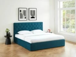 Lit Coffre Velours Bleu Paon Sommier 180x200cm Inclus -Doublures De Lit Soldes 2024 lit coffre velours bleu paon sommier 180x200cm inclus 3