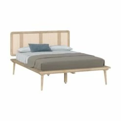 Lit Double 140x190 Cm En Bois Et Cannage