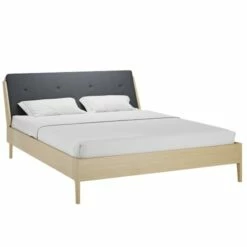 Lit Double 160x200 Placage Chêne Avec Tête De Lit En Tissu Gris