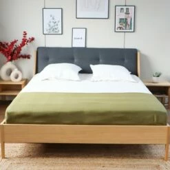 Lit Double 160x200 Placage Chêne Avec Tête De Lit En Tissu Gris -Doublures De Lit Soldes 2024 lit double 160x200 placage chene avec tete de lit en tissu gris 4