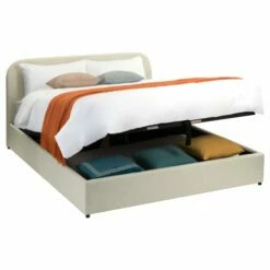 Lit Double Avec Coffre 160x200 Cm En Tissu Beige -Doublures De Lit Soldes 2024 lit double avec coffre 160x200 cm en tissu beige 2