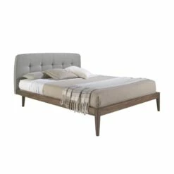 Lit Placage Noyer 150x200 Avec Tête De Lit Tissu Avec Sommier